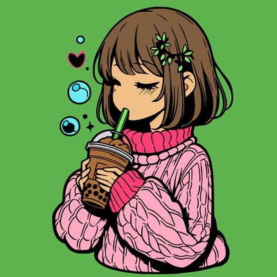 manga girl drinking boba in cozy sweater