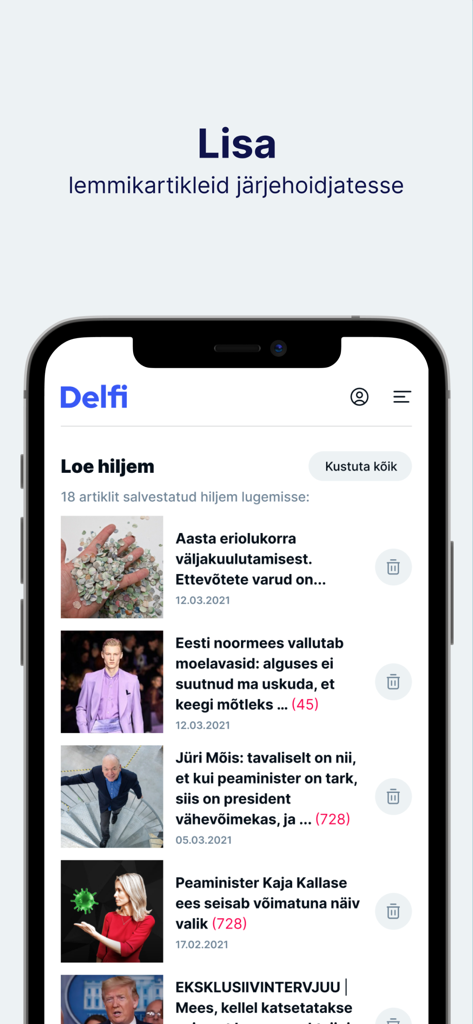 Delfi EE - Delfi EE mobile app interface showing a list of bookmarked news articles for later reading