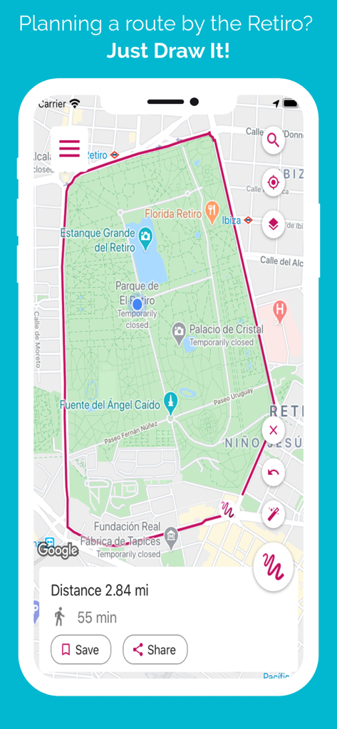 Just Draw It! Route planner - Route planning app interface showing a red path drawn around a park with distance and time statistics.