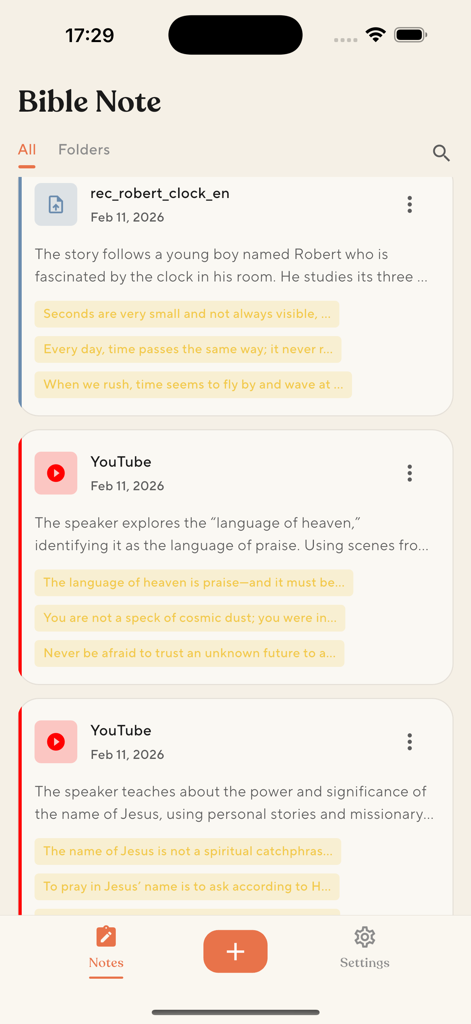 Bible Note Taker - Bible Note Taker app dashboard displaying a list of transcription notes and YouTube summaries