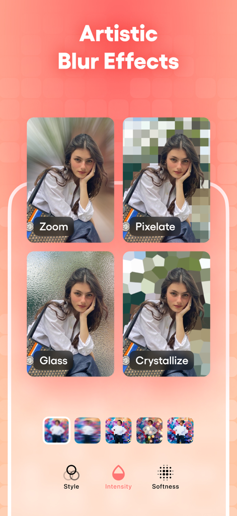 Blur Video· - Interface of a video editing app showing artistic blur effects like zoom pixelate glass and crystallize