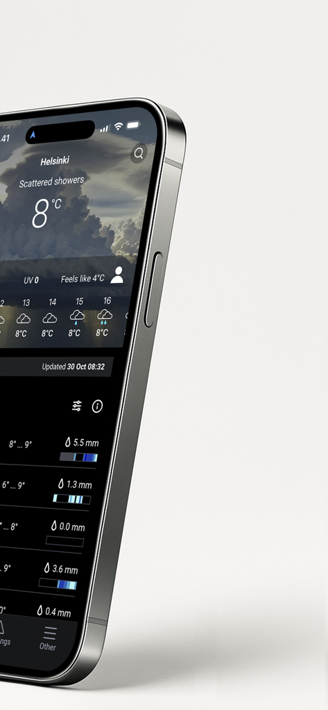Interface of the FMI Weather app on a smartphone showing temperature and detailed precipitation data for Helsinki