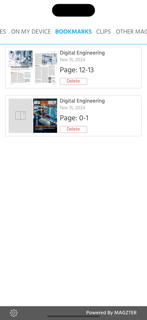 The bookmarks screen of the Digital Engineering app displaying saved magazine pages and issues.