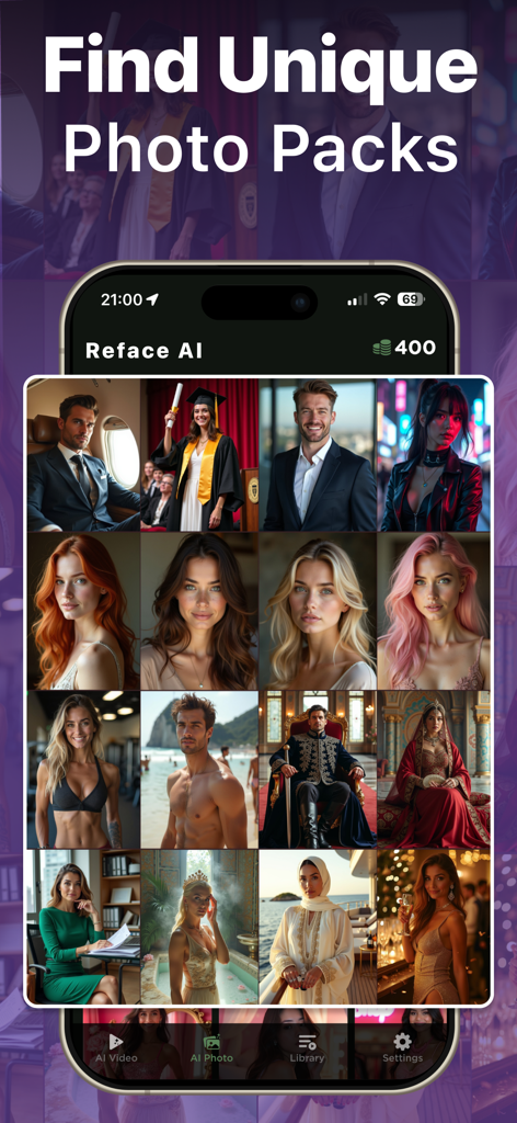 Reface AI: Swap Face & Photo - Eine Sammlung verschiedener von KI generierter Porträts und Fotopakete innerhalb der Reface AI App-Oberfläche.