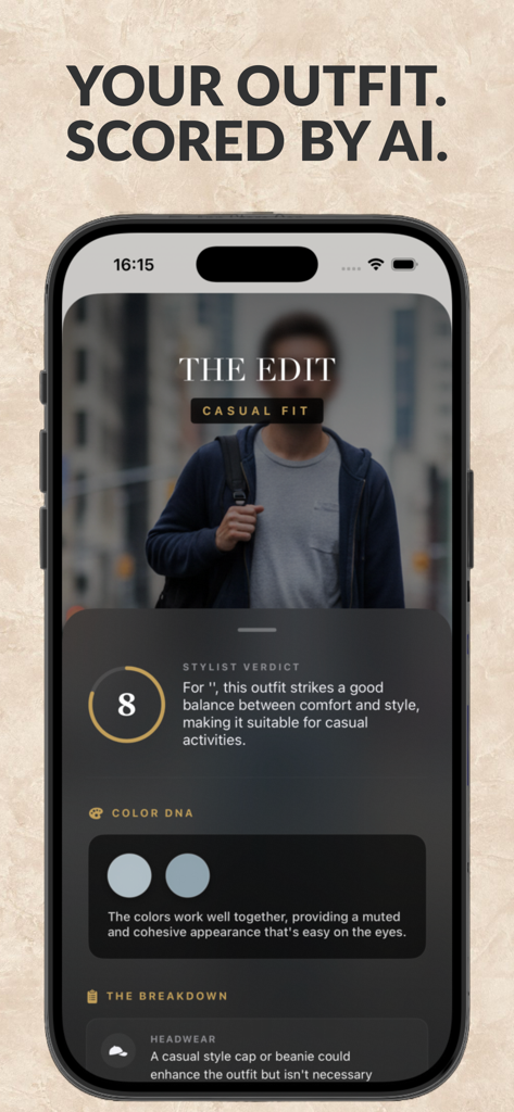 The Stylist - AI Outfit Critic - Captura de pantalla de la aplicación The Stylist que muestra una puntuación de IA y una crítica de estilo para un atuendo informal
