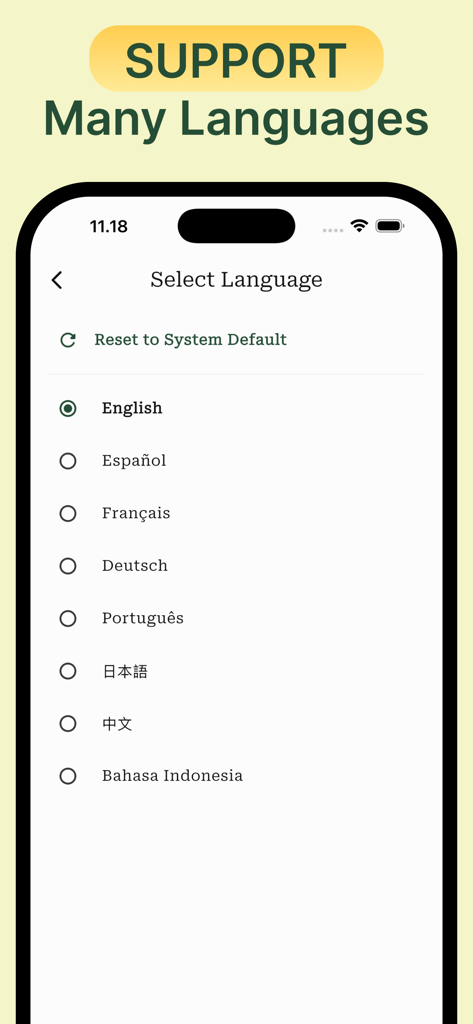 Stats AI: Statistics Solver - Bildschirmauswahl der Sprache in der Stats AI-App, die die Unterstützung für mehrere Sprachen zeigt, darunter Englisch, Spanisch und Französisch.