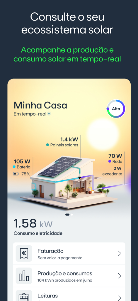 Interfaccia dell'app mobile EDP che mostra la produzione e il consumo di energia solare in tempo reale con un'illustrazione 3D della casa