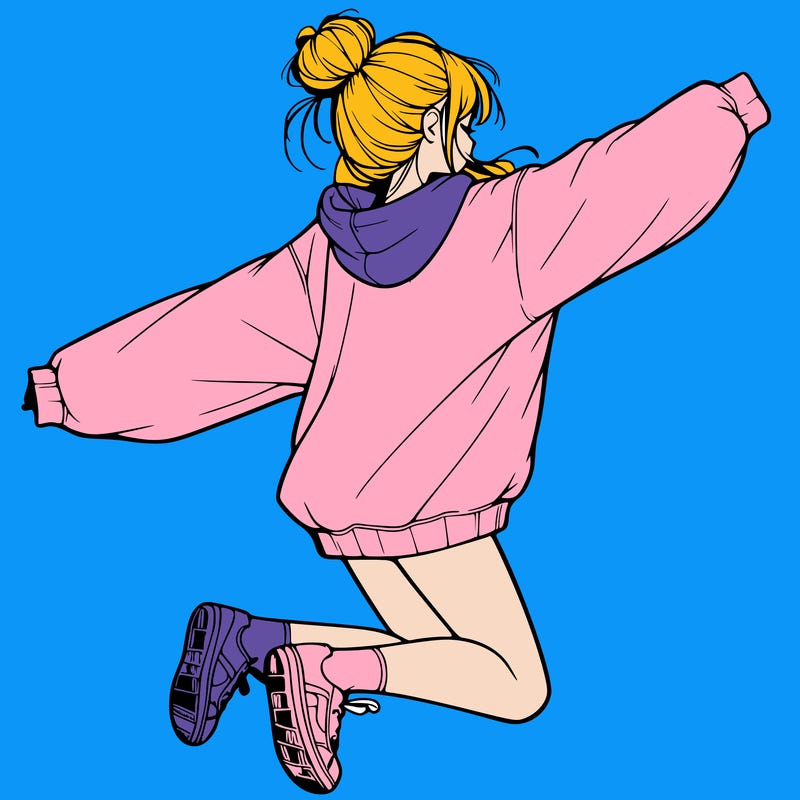 realistic girl jumping with a bun and oversized sweatshirt