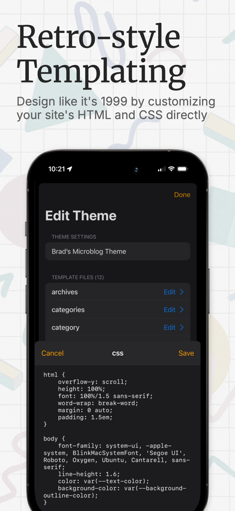 Interfaz de la aplicación Postalgic que muestra un editor de temas con código CSS para la personalización de sitios web móviles.