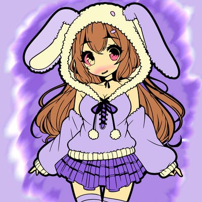 pretty anime girl wearing a fluffy hoodie with bunny ears on the hood and a skirt