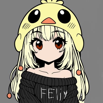 anime girl with chick shaped hat with sweater with bare shoulders with bangs covering them one eye with low tail