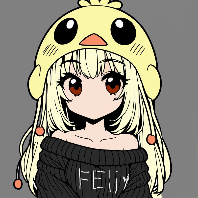 anime girl with chick shaped hat with sweater with bare shoulders with bangs covering them one eye with low tail