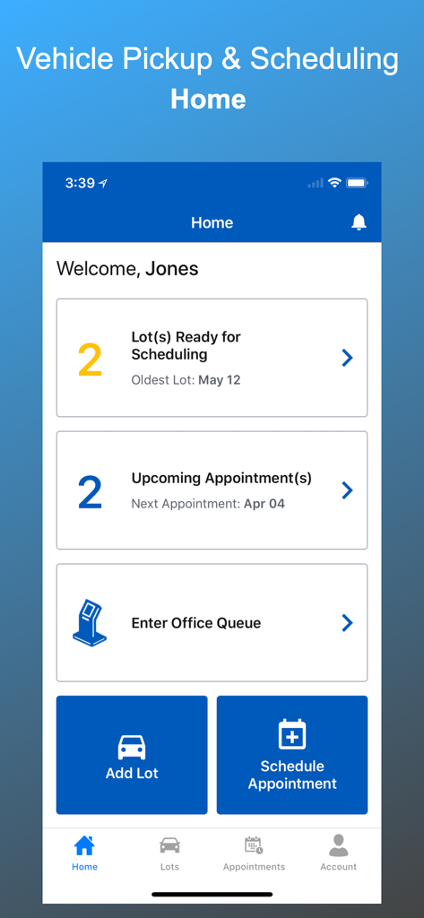 Copart Transportation - Home screen of the Copart Transportation app for managing vehicle pickups and appointments