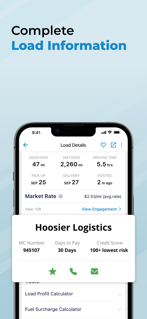 Trucker Path Load Board - Detailed truck load information screen showing distance market rates and broker credit scores