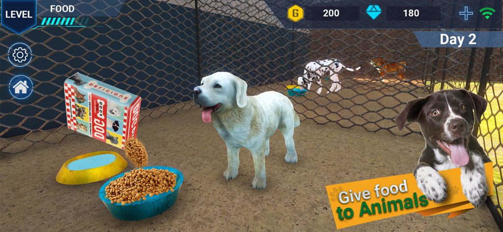 Virtual Pet Shelter Simulator - A white dog being fed with kibble in a 3D pet shelter simulation game