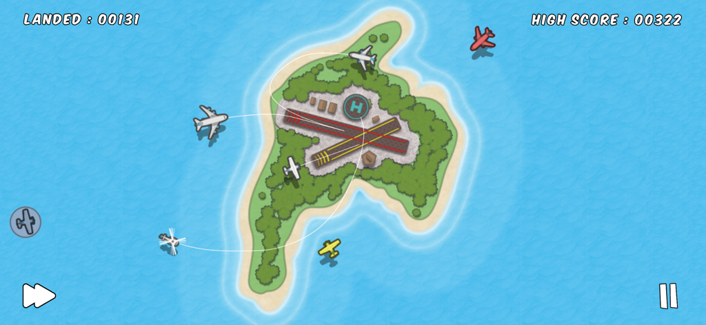 Top down view of planes being guided by hand-drawn lines to land on an island runway