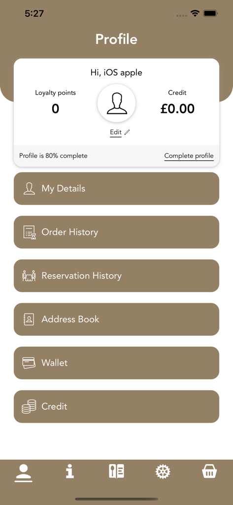 Aashiq's indian Restaurant - User profile dashboard for Aashiqs Indian Restaurant showing account information and loyalty points