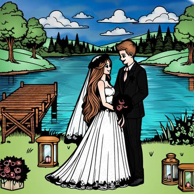 realistic couple getting married by beautiful lake