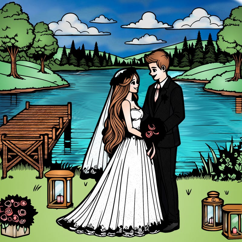 realistic couple getting married by beautiful lake
