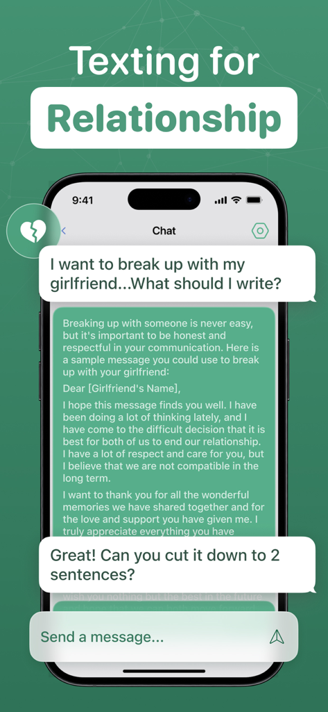AI Chat Assistant - ChatAI Bot - AI Chat Assistant showing a conversation about drafting a relationship breakup text.