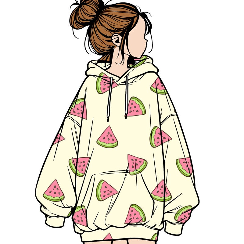 realistic girl with a oversized sweatshirt on and a bun