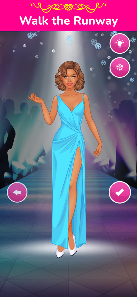 Dress Up Games: Doll Studio - A doll character wearing a blue evening gown on a fashion runway