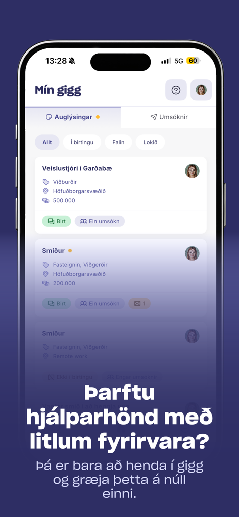 Giggó - The Giggó mobile app interface displaying a list of active service advertisements for gig work.