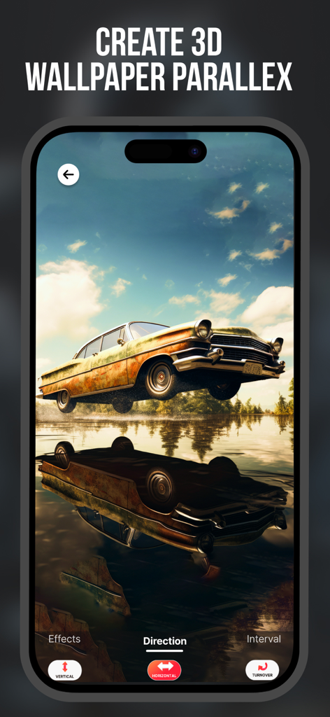 Lock Screen Depth 3D Wallpaper - Interface of the Lock Screen Depth 3D Wallpaper app showing a parallax effect creator with a vintage car over water