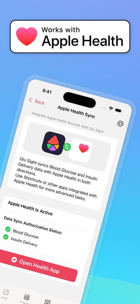 Interfaz de la aplicación Glu Sight que muestra la configuración de sincronización de Apple Health para datos de glucosa en sangre e insulina.