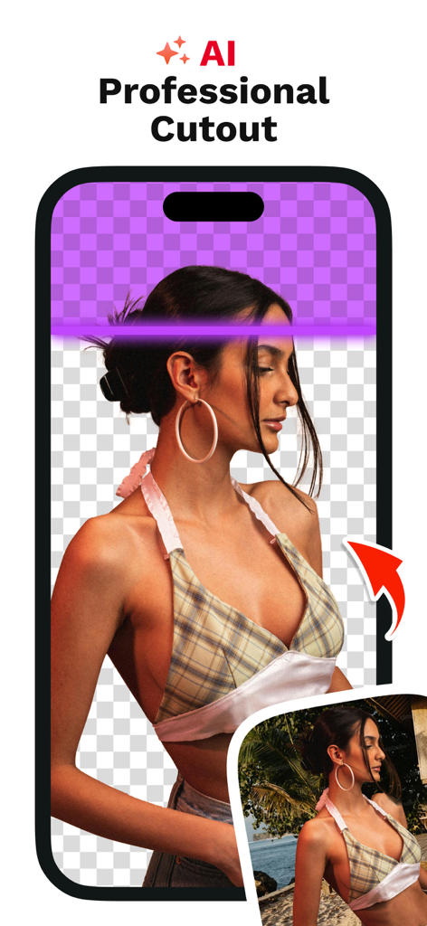 Thumbnail Maker - TubeCut - Interfaz de la aplicación TubeCut mostrando la herramienta de recorte profesional IA eliminando un fondo de una foto de retrato