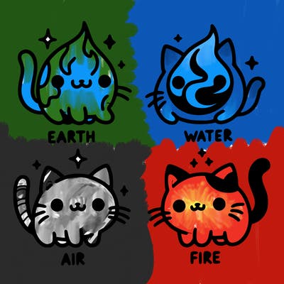 4 cats that represent the different elements, earth, water, air, and fire