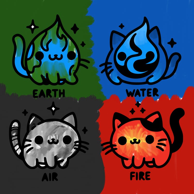 4 cats that represent the different elements, earth, water, air, and fire