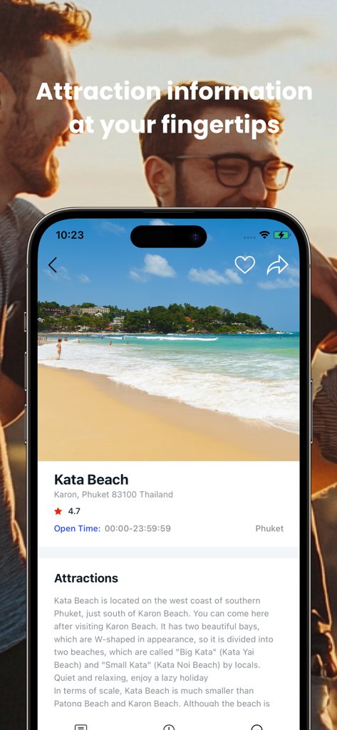 HaloGo-life share - Screenshot of HaloGo app displaying attraction details for Kata Beach in Phuket Thailand