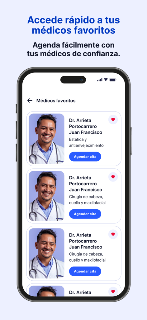 Clinica Internacional - Lista de médicos favoritos no aplicativo móvel Clínica Internacional com botões para agendar consultas