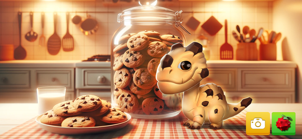 Dragon Mania Legends - Un adorable bébé dragon Cookie se tient debout sur le comptoir de la cuisine, à côté d'un grand bocal de biscuits aux pépites de chocolat.