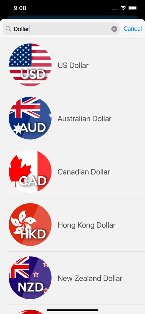 Currency Converter Easy - Bildschirm zur Suche in der App Currency Converter Easy zeigt verschiedene Dollar-Währungen mit Flaggen an