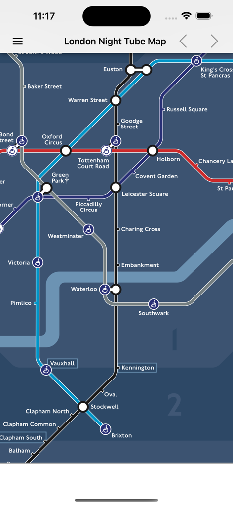Vista del mapa del Metro Nocturno de Londres que muestra las estaciones del Metro y las conexiones de líneas.