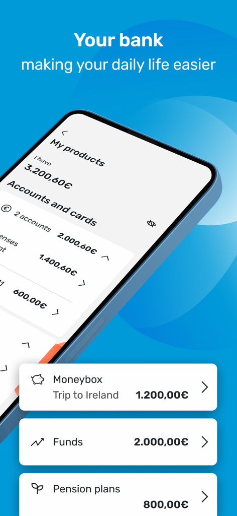CaixaBankNow: Online banking - Tela do aplicativo móvel CaixaBankNow mostrando produtos financeiros, incluindo contas, metas de economia e fundos