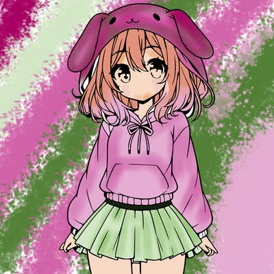 pretty anime girl wearing a fluffy hoodie with bunny ears on the hood and a skirt