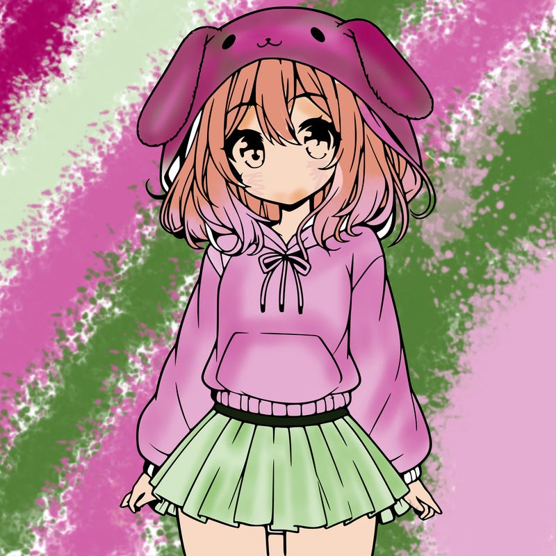 pretty anime girl wearing a fluffy hoodie with bunny ears on the hood and a skirt