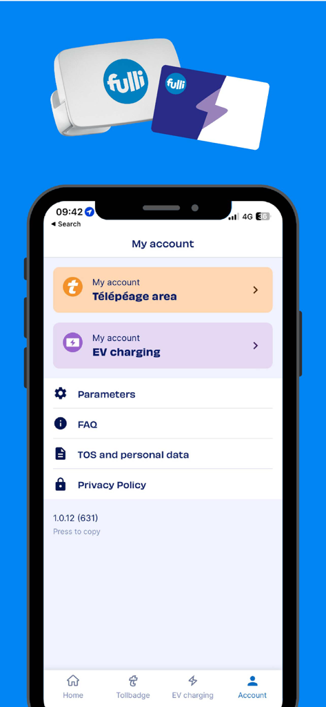 Fulli - Fulli app account management interface for toll tags and electric vehicle charging