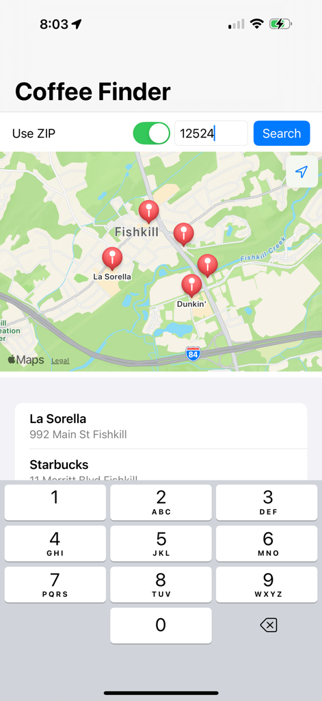 Coffee Finder app interface showing a map with coffee shop pins and a ZIP code search field
