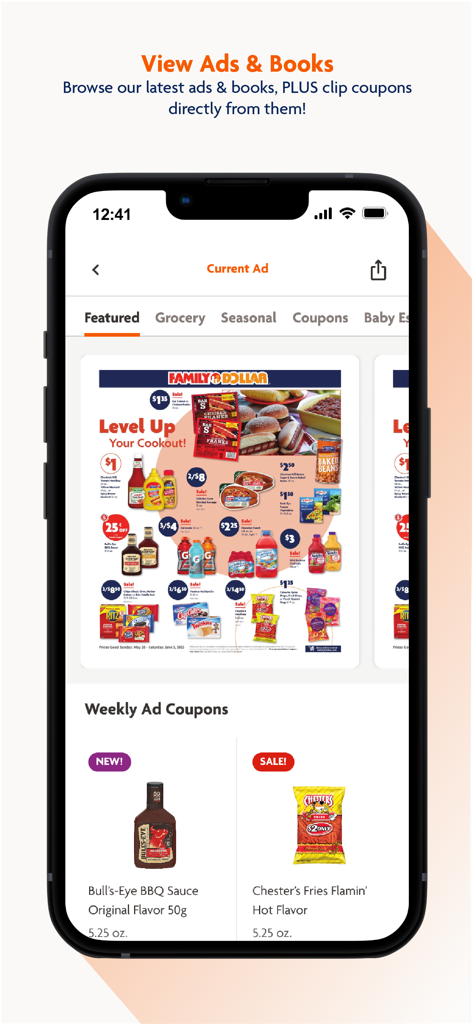 Family Dollar app screen showing the weekly ad circular with food products and related digital coupons.