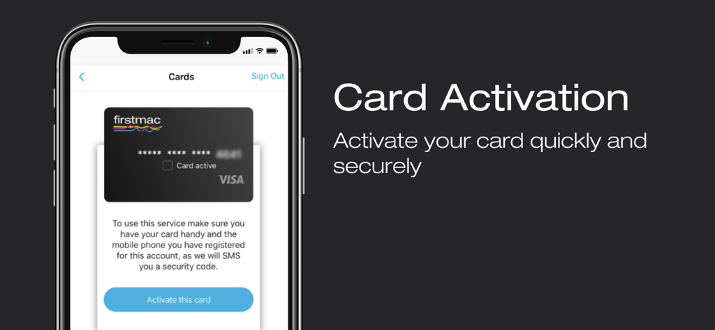 Firstmac Money - Firstmac Money app interface showing the card activation process with a virtual card and security instructions