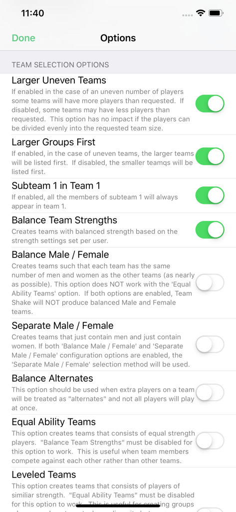 Team Shake - The team selection options menu in the Team Shake app showing various toggle settings for balancing teams by strength and gender.