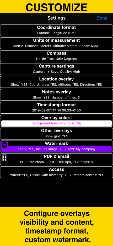 GPS Camera 55. Field Survey - Settings menu of GPS Camera 55 showing options to customize coordinates units overlays and watermarks