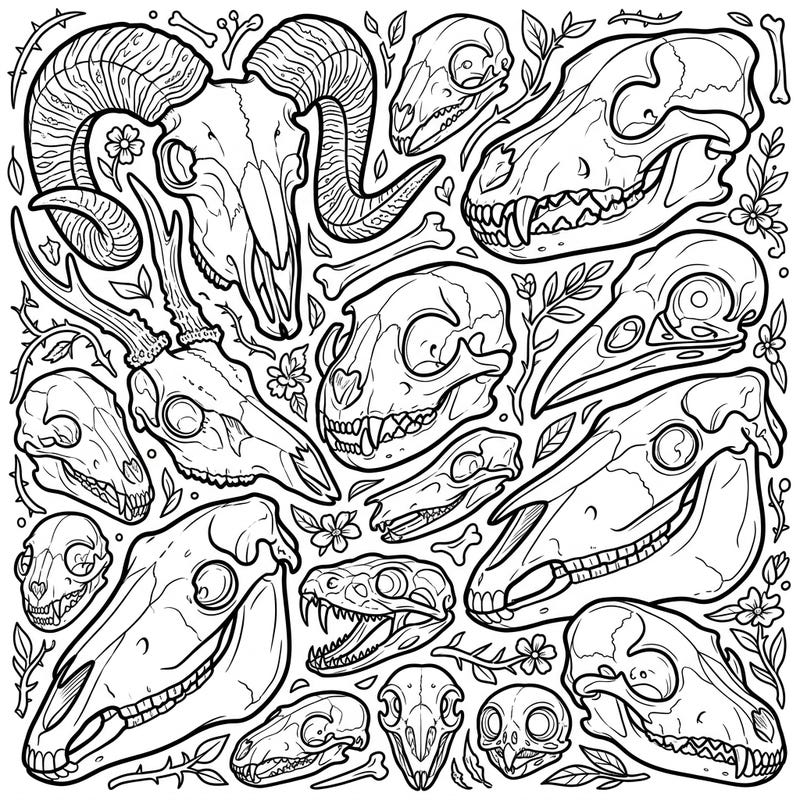 Explore the captivating anatomy of the animal kingdom with this intricate coloring page featuring various animal skulls and bone structures. Perfect for those who appreciate natural history and detailed artwork, offering a unique and engaging creative challenge.