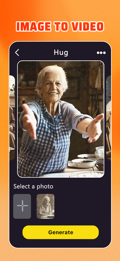 Interface of the Animator AI app showing a feature to animate an old photo of an elderly woman into a hugging video