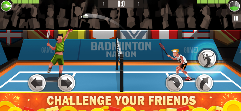 A competitive match in Badminton League mobile game with two players on a court