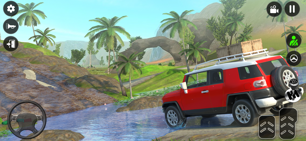 4x4 Offroad Jeep Driving Sim - Un SUV rojo conduciendo a través de un arroyo en una simulación todoterreno de montaña en 3D